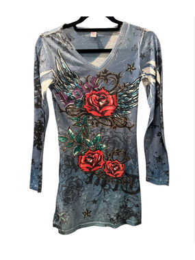 Vintage Otomix Y2K Blue Grunge Tattoo Graphic Top Cyber Gothic Rose Wings Large